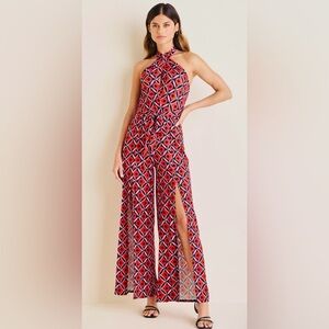 Cross Halter Geometric Red Lagoon Jumpsuit